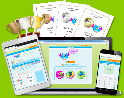 Times tables practice and tests with trophies, collectables and certificates