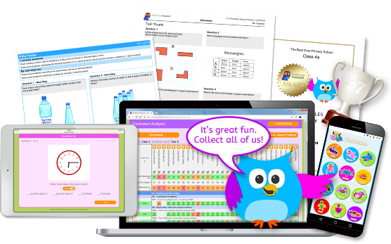 Maths Assessment Screenshots, Next Steps, Worksheets, Times Tables Fun characters, trophy and certificate