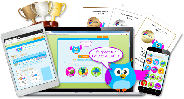Times Tables Fun characters, questions, trophy and certificate